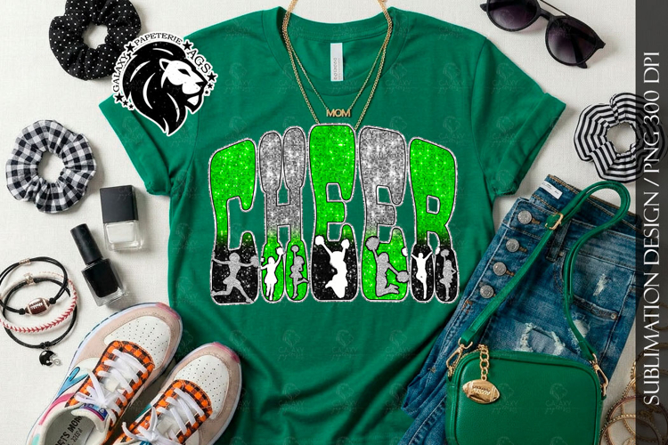 Cheer Sublimation Design PNG | Green Black Silver Sequins