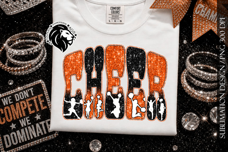 Glitter Sequins Cheer Sublimation Design PNG | Orange Black example image 1