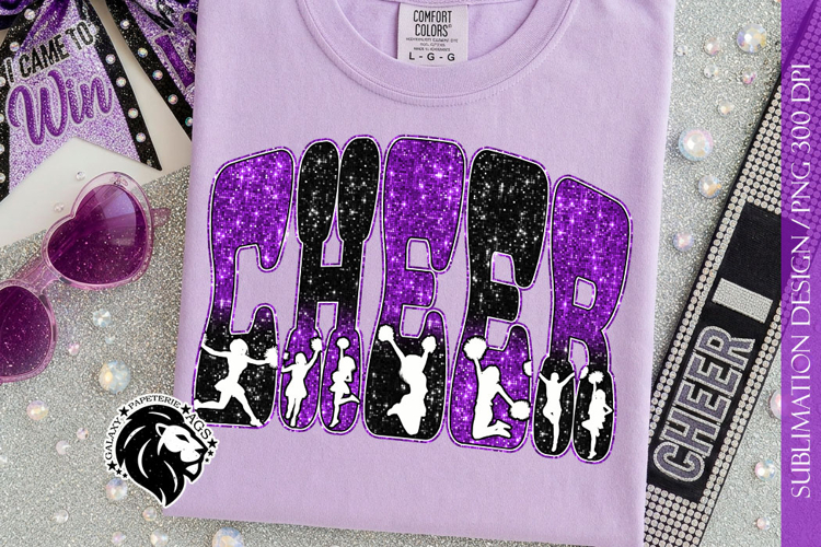 Glitter Sequins Cheer Sublimation Design PNG | Purple Black example image 1