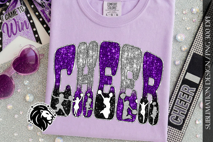Cheer Sublimation Design PNG | Purple Black Silver Sequins