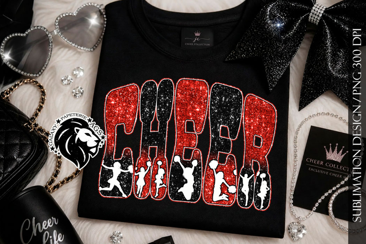 Glitter Sequins Cheer Sublimation Design PNG | Red Black example image 1