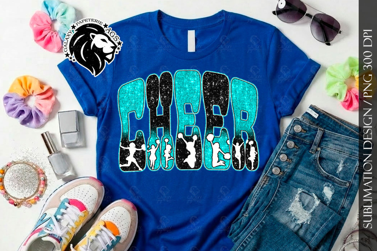 Glitter Sequins Cheer Sublimation Design PNG | Teal Black