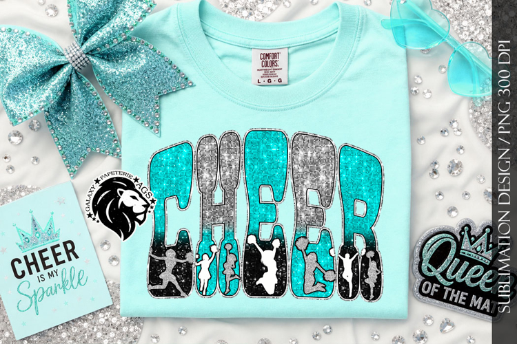 Glitter Sequins Cheer Sublimation Design PNG | Teal Silver
