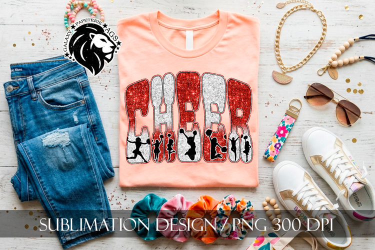 Glitter Sequins Cheer Sublimation Design PNG | Red