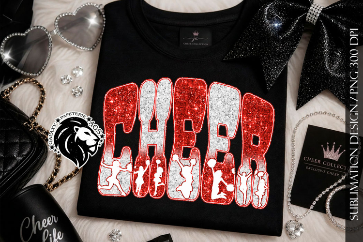 Glitter Sequins Cheer Sublimation Design PNG | Red White example image 1