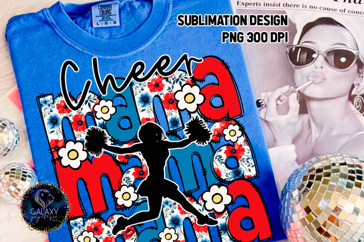 Floral Cheer Mama Sublimation PNG DTF, Blue Red Flowers