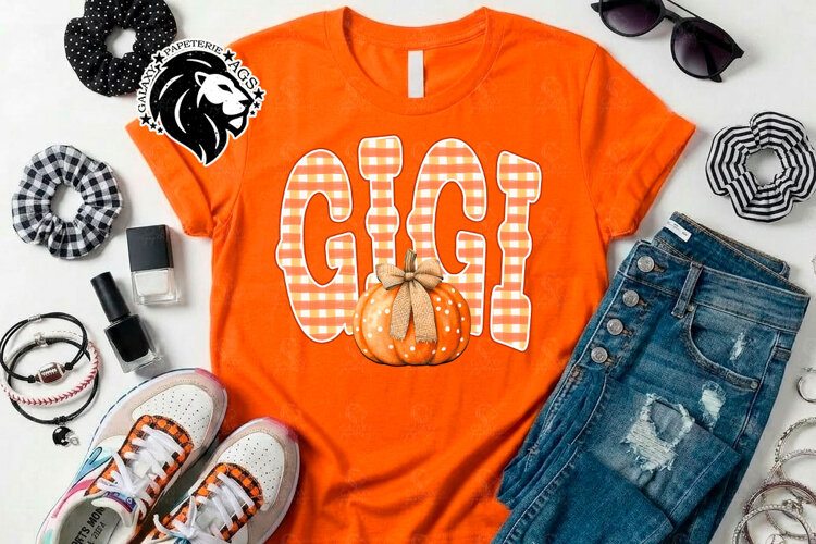 Fall Gigi, Pumpkin, Gingham, DTF Design, PNG example image 1