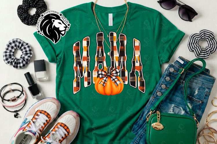 Fall Mama, Pumpkin, Gingham, DTF Design, PNG