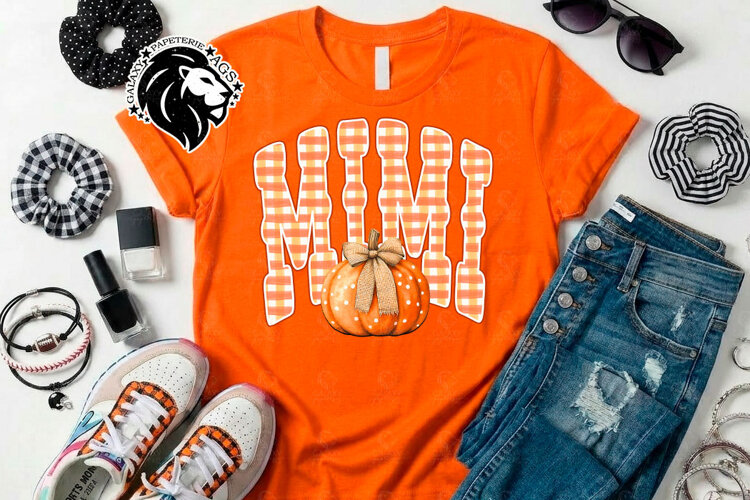 Fall Mimi, Pumpkin, Gingham, DTF Design, PNG example image 1