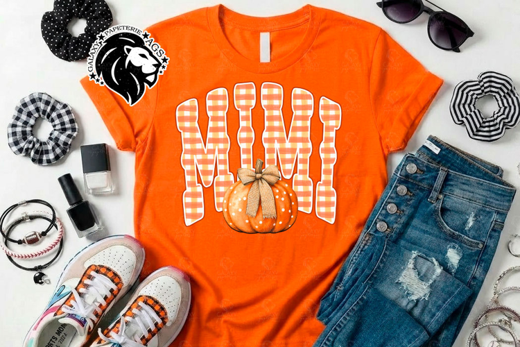Fall Mimi, Pumpkin, Gingham, DTF Design, PNG
