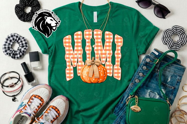 Fall Mimi, Pumpkin, Gingham, DTF Design, PNG