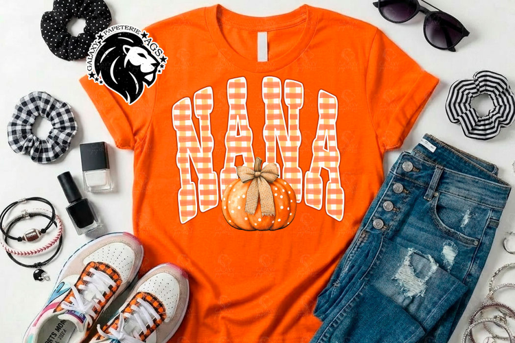 Fall Nana, Pumpkin, Gingham, DTF Design, PNG