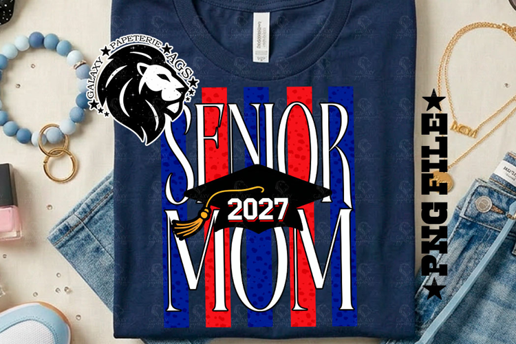 Striped Senior Mom Class 2027, Blue Red, DTF Design PNG