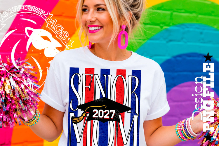 Striped Senior Mom Class 2027, Blue Red, DTF Design PNG