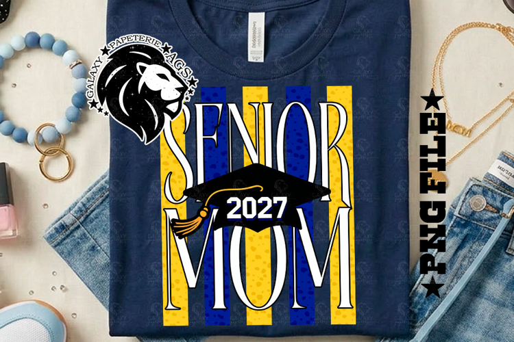 Striped Senior Mom Class 2027, Blue Yellow, DTF Design PNG