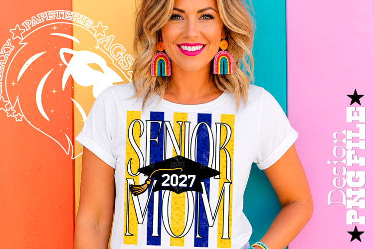 Striped Senior Mom Class 2027, Blue Yellow, DTF Design PNG