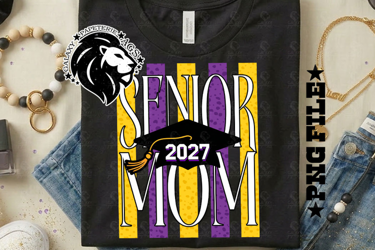 Striped Senior Mom Class 2027, Purple Yellow, DTF Design PNG