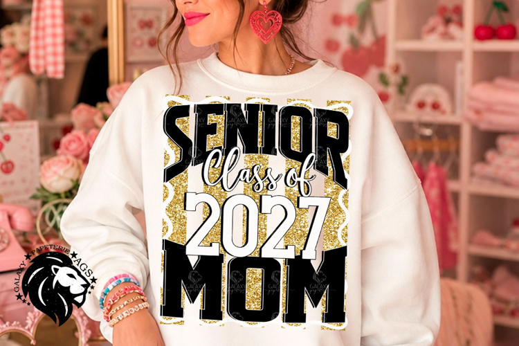 Striped Senior Mom Class 2027, Gold Glitter Black, PNG