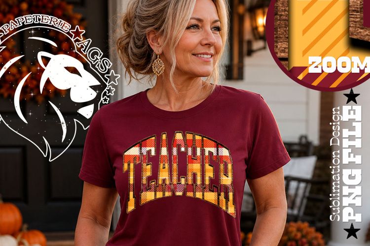 Fall Gingham Wood Teacher, DTF Design, PNG