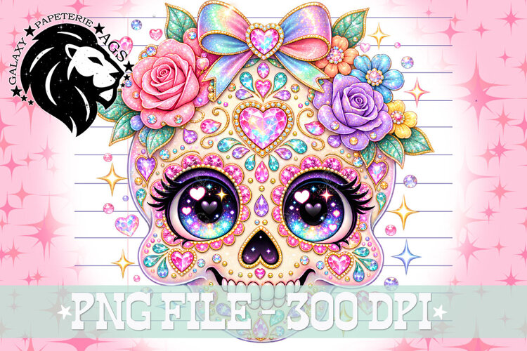 Cute Skeleton Catrina Halloween, Floral Gems, Bedazzled, PNG example image 1