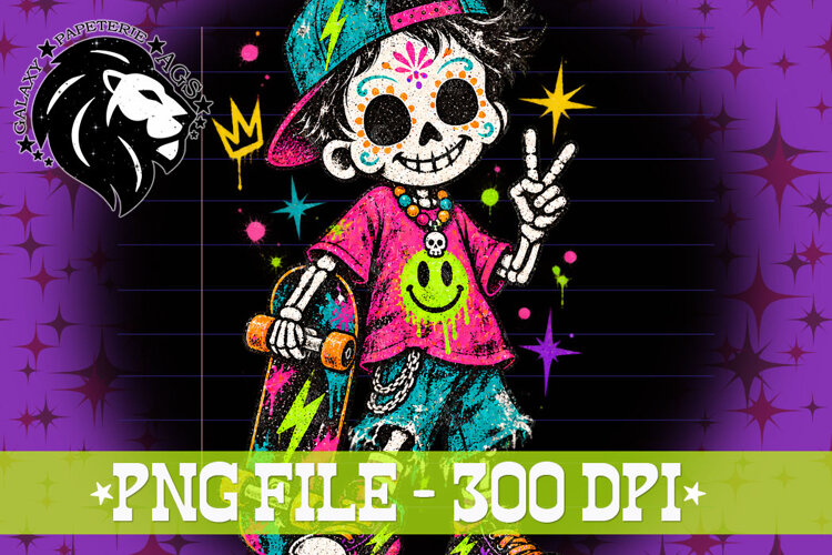 Boy Skeleton Halloween, Neon, Grunge, PNG, Kids Halloween example image 1