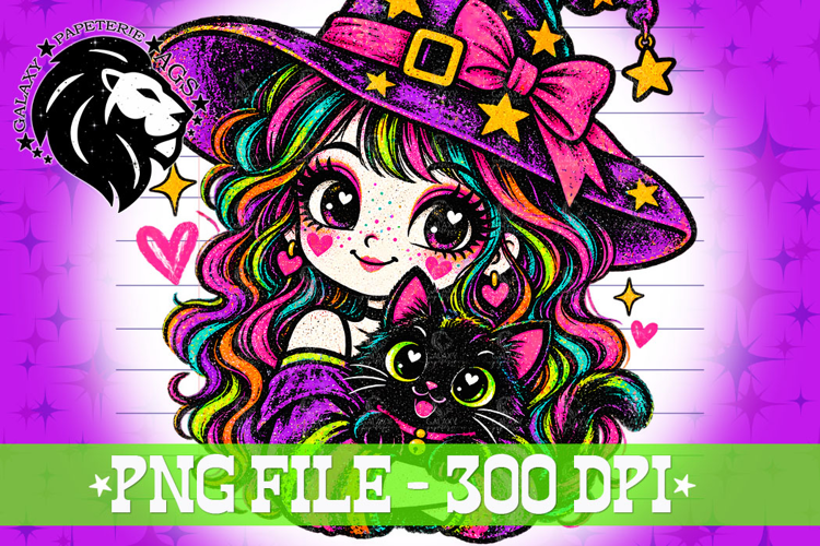 Witch Girl and Black Cat Halloween, PNG, Kids Halloween