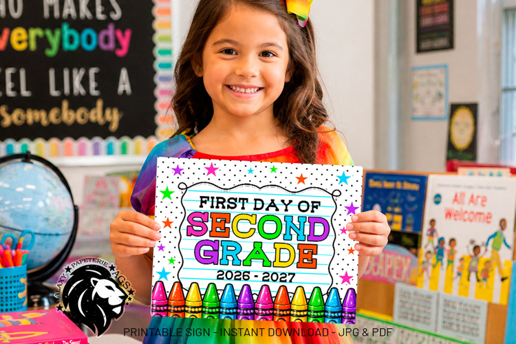 Crayons First day of Second Grade School Sign JPG PDF