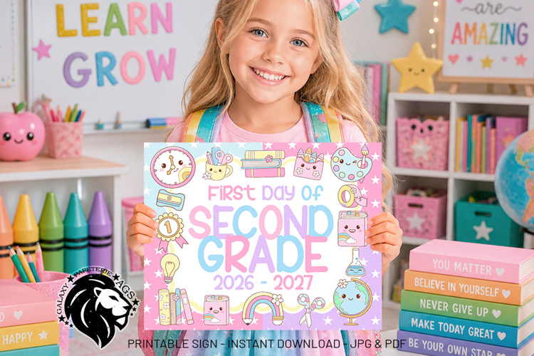 Kawaii First day of Second Grade School Sign JPG PDF
