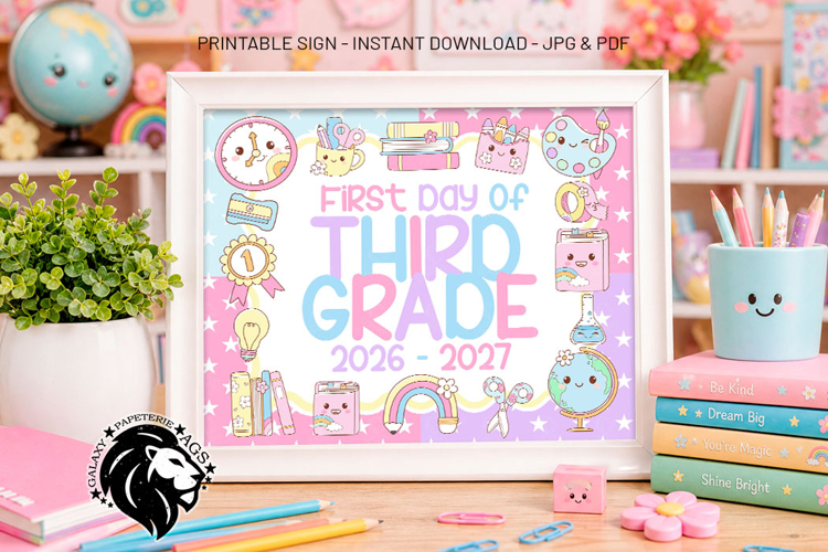 Kawaii First day of Third Grade School Sign JPG PDF