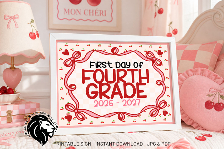 Cherry First day of Fourth Grade School Sign JPG PDF