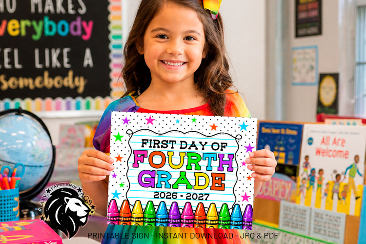 Crayons First day of Fourth Grade School Sign JPG PDF