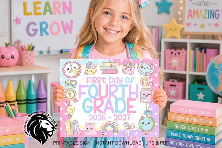Kawaii First day of Fourth Grade School Sign JPG PDF