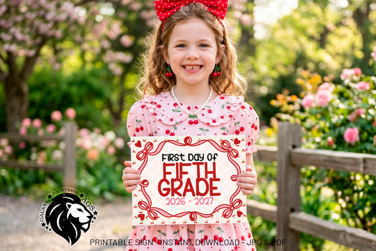 Cherry First day of Fifth Grade School Sign JPG PDF