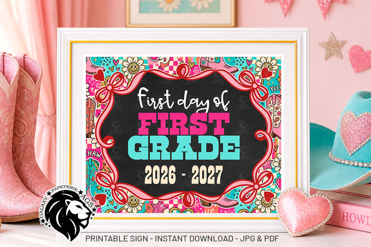 Cowgirl First day of First Grade School Sign JPG PDF