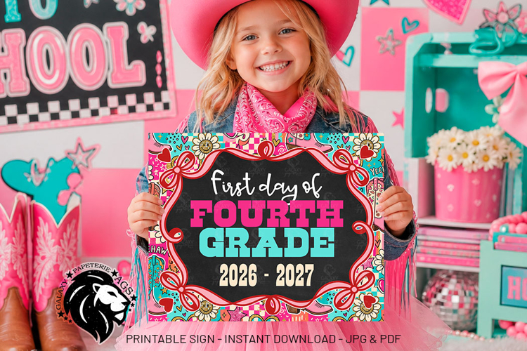 Cowgirl First day of Fourth Grade School Sign JPG PDF