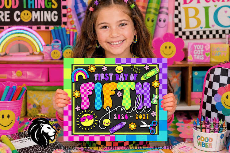 Colorful First day of Fifth Grade School Sign JPG PDF