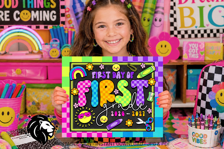 Colorful First day of First Grade School Sign JPG PDF