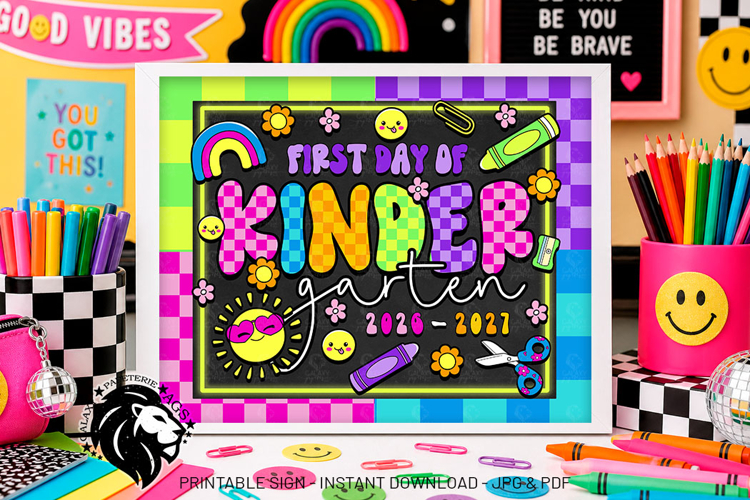 Colorful First day of Kindergarten School Sign JPG PDF