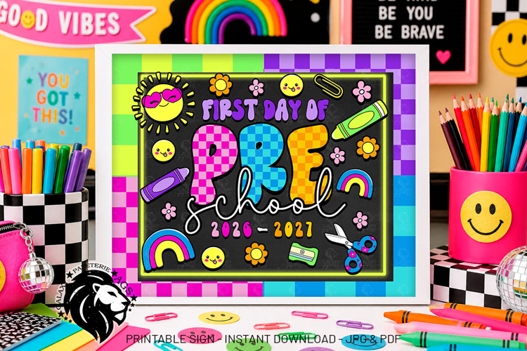 Colorful First day of Preschool School Sign JPG PDF