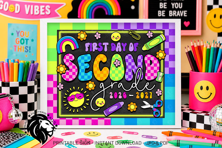 Colorful First day of Second Grade School Sign JPG PDF