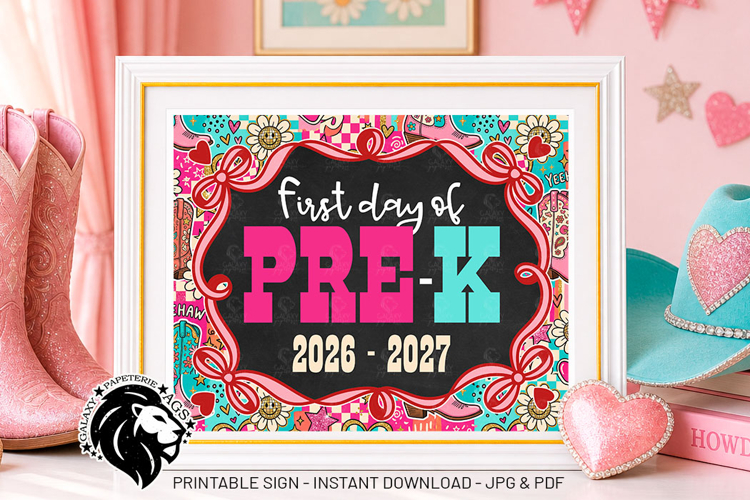 Cowgirl First day of Pre-k School Sign JPG PDF