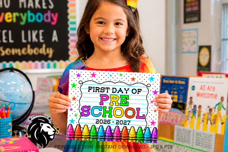 Crayons First day of Preschool School Sign JPG PDF