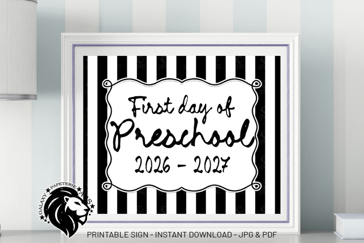 Striped First day of Preschool School Sign JPG PDF