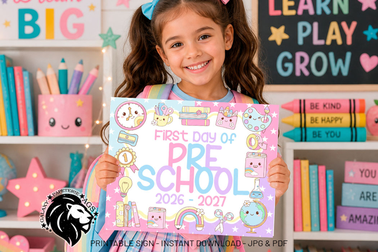 Pastel First day of Preschool School Sign JPG PDF