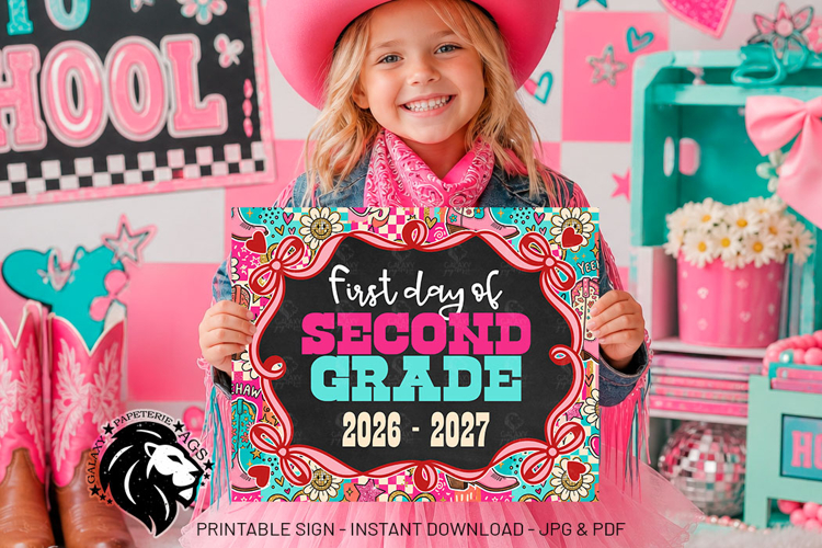 Cowgirl First day of Second Grade School Sign JPG PDF