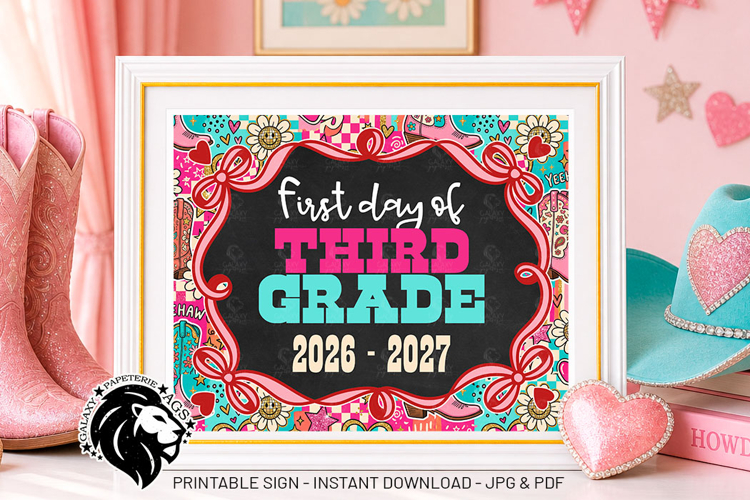 Cowgirl First day of Third Grade School Sign JPG PDF