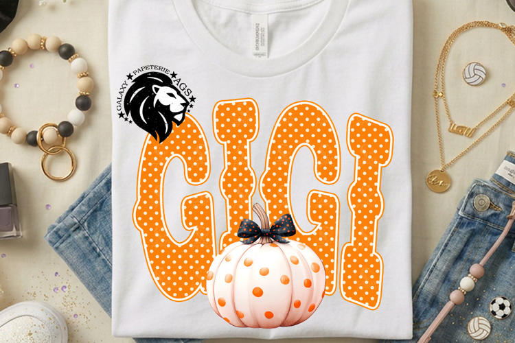 Fall Gigi, Pumpkin, Polka Dots, DTF Design, PNG