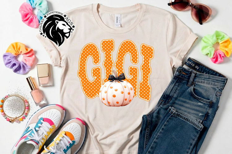 Fall Gigi, Pumpkin, Polka Dots, DTF Design, PNG