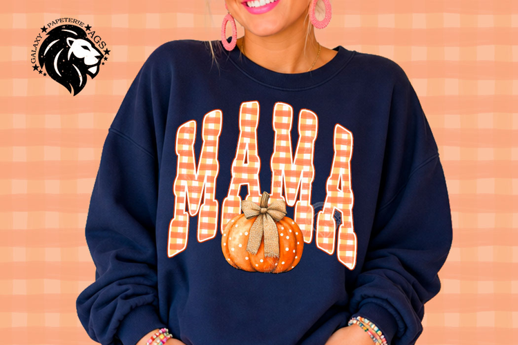 Fall Mama, Pumpkin, Gingham, DTF Design, PNG