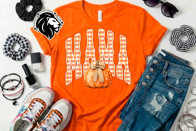 Fall Mama, Pumpkin, Gingham, DTF Design, PNG